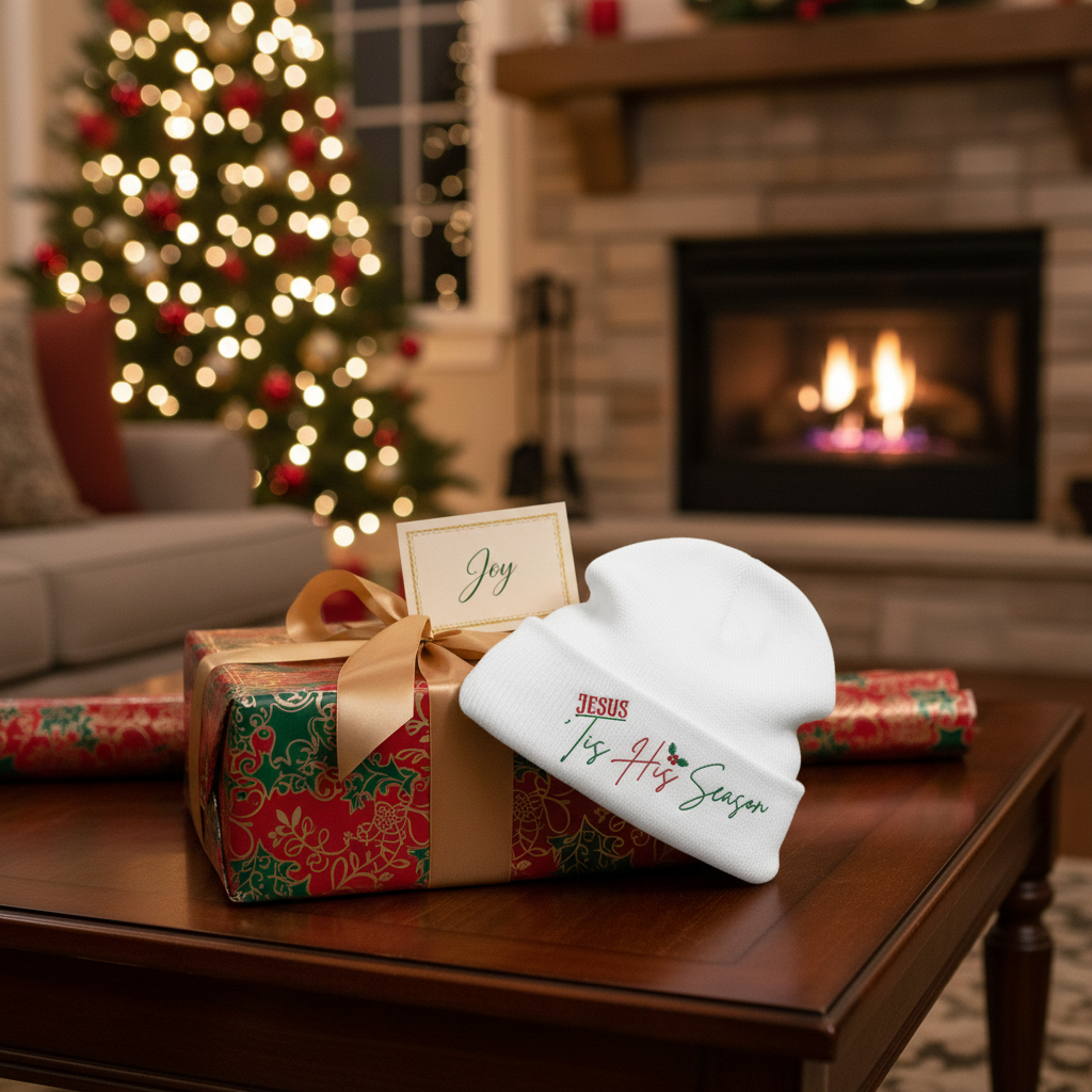Beanie peeking from festive wrapping paper